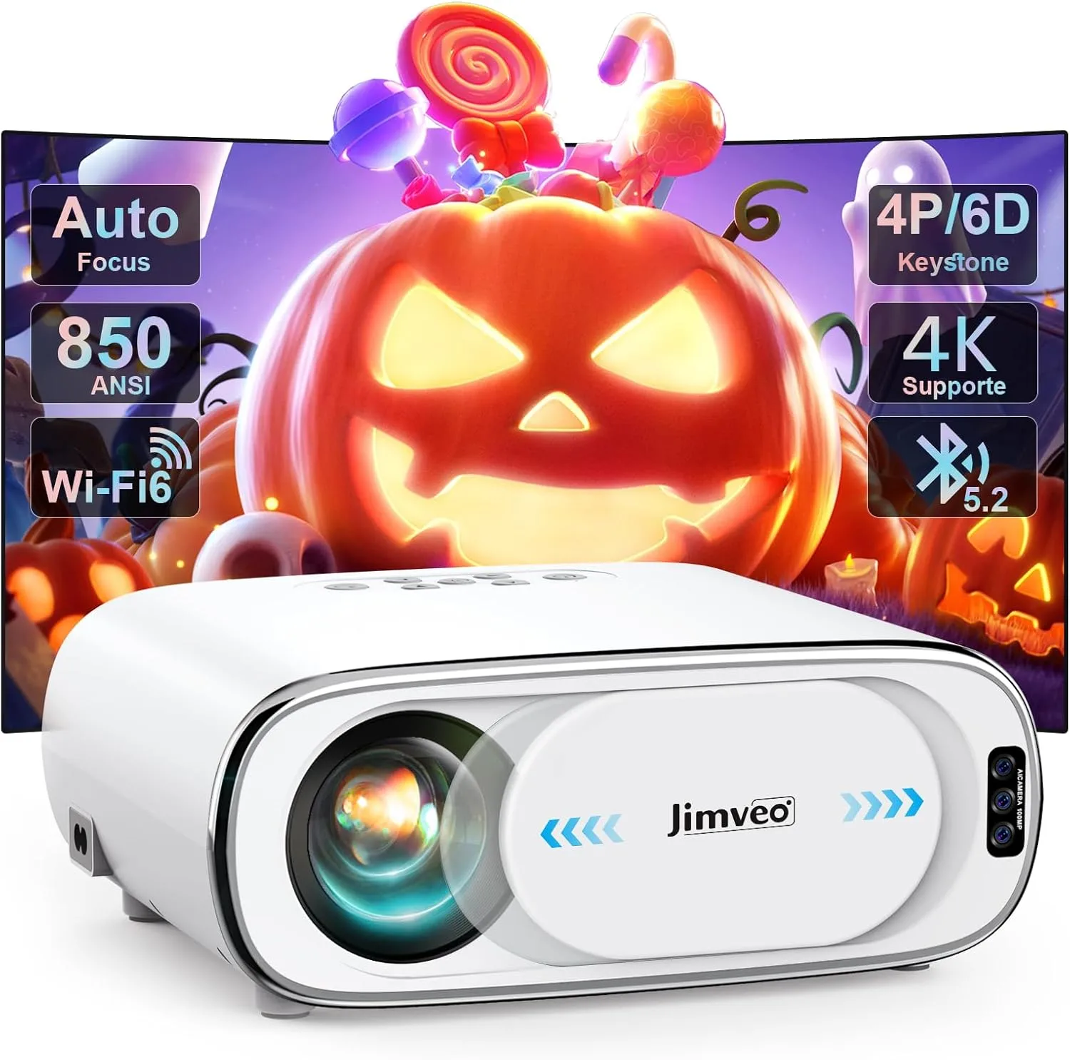 DATASHOW PROJECTEUR JIMVEO E30 WIFI6 BLUETOOTH 12000LUX 600ANSI ADJUSTABLE AUTO FOCUS 300 POUCE WHITE BLANC FULL HD